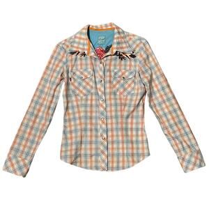 Vigoss Chic & Rona Plaid Pearl Snap Front Shirt with Embroidery Size Large